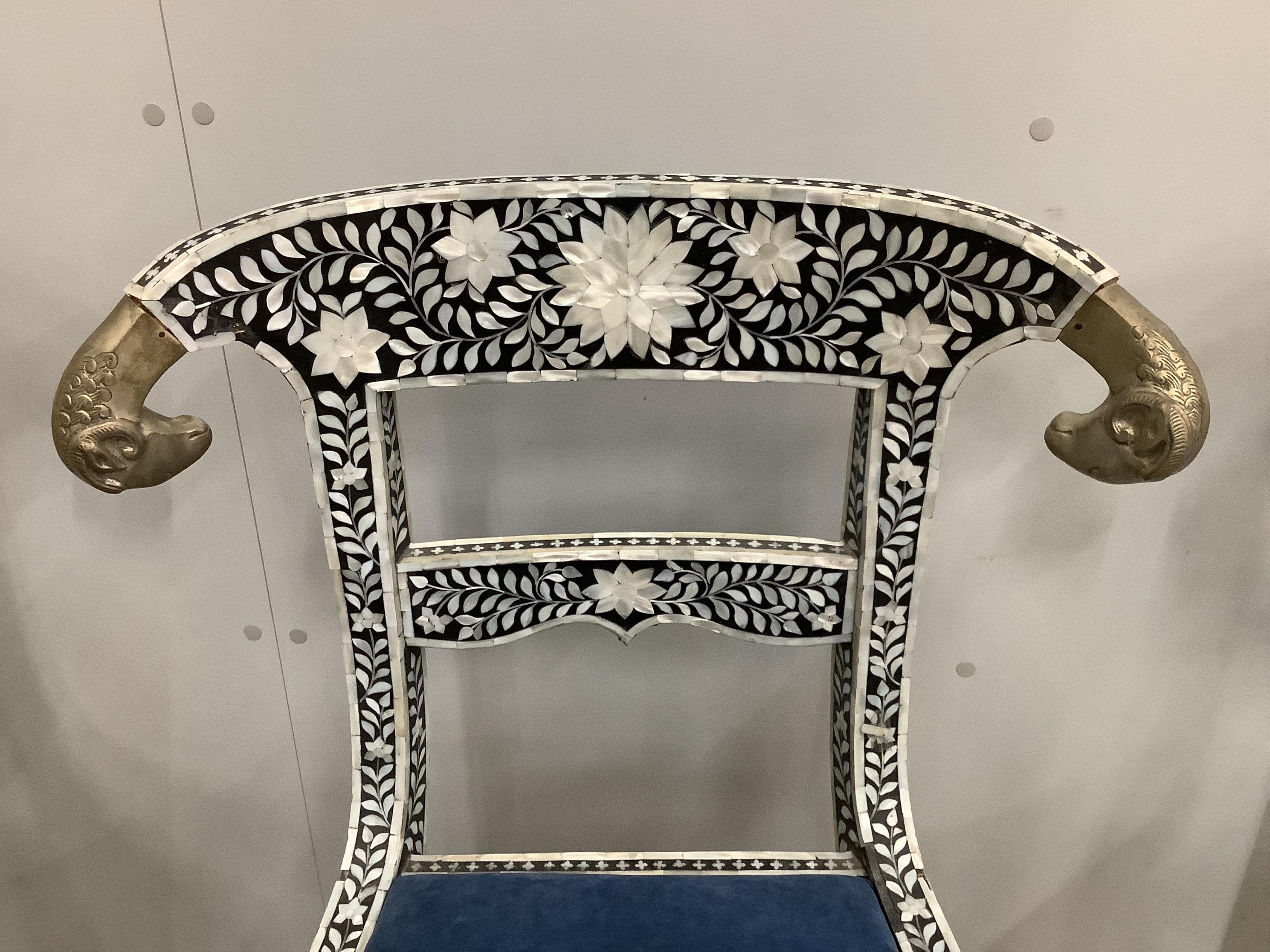 Two pairs of Indian bone, or mother of pearl, overlaid dining chairs, width 62cm, depth 44cm, height 90cm. Condition - good